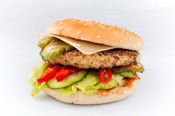 tasty burger with cheese and vegetables on a white background