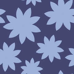 Fototapeta na wymiar Simple yet striking, blue hand drawn flower shapes on a dark blue background. Seamless repeat pattern. Perfect for summer home decor, fashion, textiles, graphic design and paper items. Vector.