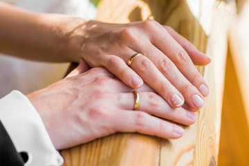 Obraz na płótnie Canvas Newlyweds with wedding rings in the park