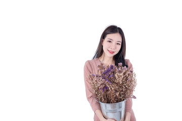 Portrait of cute asian woman with bouquet dry flowers in hands isolated on white background