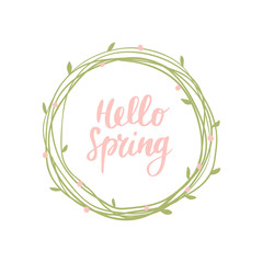 Cute hand-drawn round banner with spring flowers. Vector illustration with text Hello Spring. Great for a logo, website, flyer, stickers, postcard, print or banner.