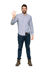 Full-length shot of Elegant man with shirt happy and counting four with fingers on isolated white background