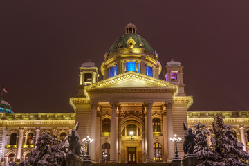 Night photos of House of the National Assembly of the Republic of Serbia