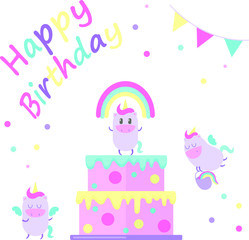 Happy birthday cute card with magical unicorns big cake. 