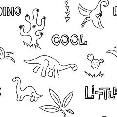 Cute dinosaurs and palm trees, cacti. Seamless pattern. Hand drawn vector doodle design for kids, fabric.