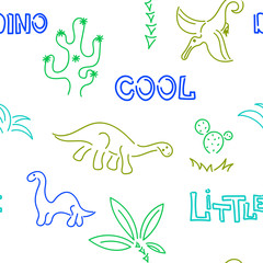 Cute dinosaurs and palm trees, cacti. Seamless pattern. Hand drawn vector doodle design for kids, fabric.