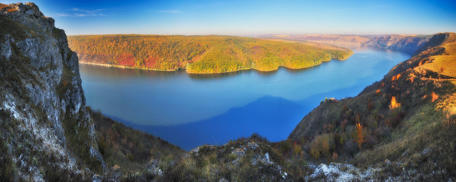 autumn morning. Dawn in the national park "Podolskie Tovtry". canyon of the picturesque river