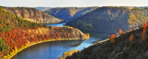 autumn morning. Dawn in the national park "Podolskie Tovtry". canyon of the picturesque river