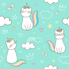 Cotton fabric Seamless pattern kitty cat unicorn on green