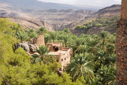 Detail of an old house in the village of Misfat al Abriyyin between date palms and the valley in the background