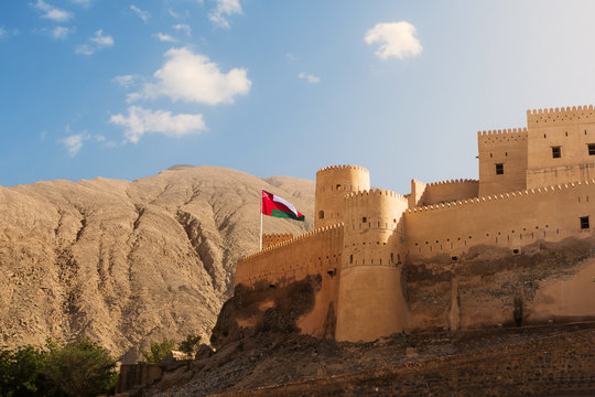 Ancient Fort of Nakhal with flag (Oman)