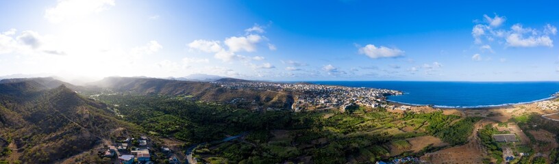 Fototapeta na wymiar Aerial Panoramic view of Sugar canne and coconut plantation near Calheta Sao Miguel in Santiago island in Cape Verde - Cabo Verde