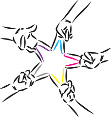 STAR MADE OF FINGERS FIGURE COLORS VECTOR ILLUSTRATION