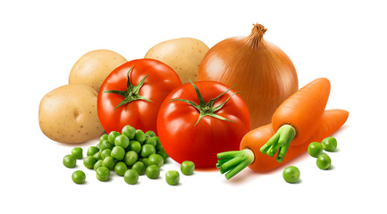 Potato, carrot, tomato, onion and green peas isolated on white background