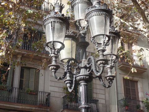 Elegant street lamps in Barcelona, Spain