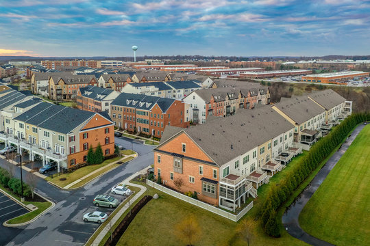 Typical East Coast USA Newly Constructed Suburban Luxury Townhouse Condo Apartment Community Real Estate In Maryland With Brick Facade The American Dream, Aerial View