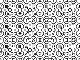 Vector. Seamless pattern for decoration, design. Astronomy different black simple geometric representation of the zodiac signs for horoscope on black and white round background