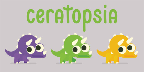 Cute Triceratops walking. Dinosaur life. Vector illustration of prehistoric character in flat cartoon style isolated on grey background. Funny violet, green and orange Ceratopsia with big eyes