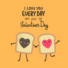 Romantic Valentine's Day Card. Cute Kawaii Characters. Vector Illustration. Cartoon style. Funny pun quote. Toasts