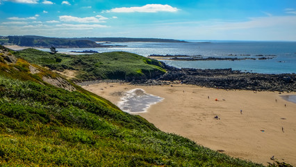 View of the coast in sunshine in Brittany at Cape Frehel in France