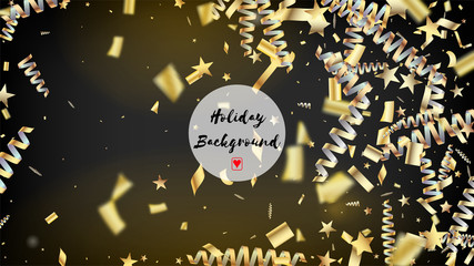 Modern Gold Confetti, Falling Stars, Streamers, Tinsel. Cool Premium Christmas, New Year, Birthday Party Holiday Banner. Horizontal Bright Shapes Background. Gold Confetti, Falling Down Stars.