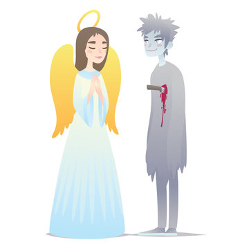 Couple of Halloween characters in cartoon style. Vector illustration of boy in costume of Ghost and girl in costume of Angel dressed up for Halloween masquerade party on white background. Costumes.