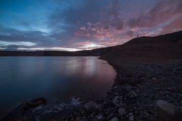 Beautiful blue landscape. Small lake at the sunset. Armenia	