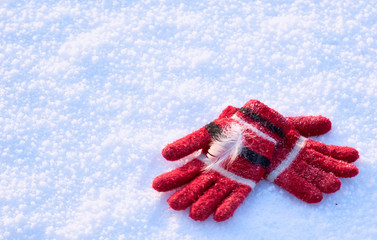 Winter mittens with a swan lying on them. Pooh lie on white winter snow. Concept of winter sports. Holidays.