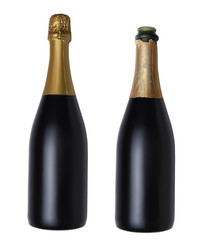 Two Champagne Bottles isolated on white. Both have no label,