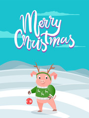 Merry Christmas postcard with pig on winter snowy landscape wishes Happy holidays. Piglet in warm sweater with deers, in horns and toy ball, cartoon vector