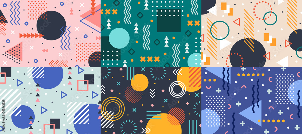 Poster memphis geometry background. colorful shapes pattern, vivid coloring texture and funky color pattern