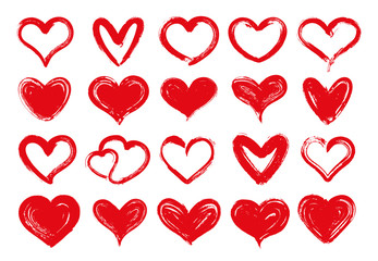 Grunge hearts. Hand drawn red heart, sweethearts beloved valentine and drawing grungy valentines day greeting card isolated vector set