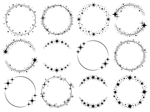 Stardust frames. Shiny star circle frame, starry glitter stamp and round magic twinkle stars trace isolated vector set