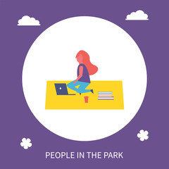 Girl resting on blanket in park isolated cartoon banner vector character. Teenager with long hair in casual clothes sitting on rug with laptop and books