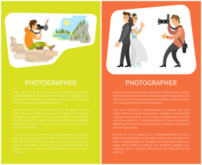 Wedding photo session of newlyweds by photographer. Groom in suit and bride wearing gown, funny spy pose. Traveler making photo of valley in mountain