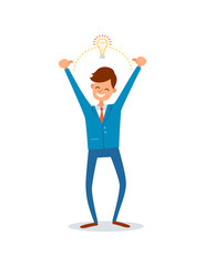 Man with innovative solution for business, creative chief flat vector. Eureka genius businessman with electric bulb. Manager with ideas and answers