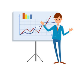 Happy manager pointing on tripod board with growing charts and graphs. Financial analytic making presentation, man in expensive suit in cartoon style