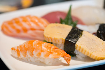 Sushi shrimp and Tamago yaki sushi egg sushi