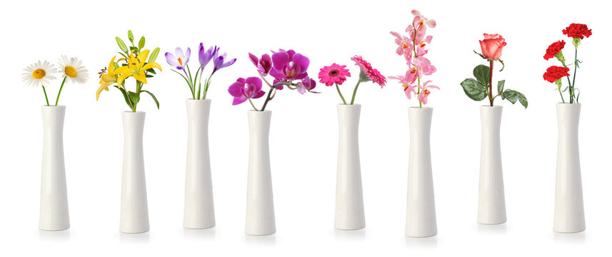 Flowers in tall white vases