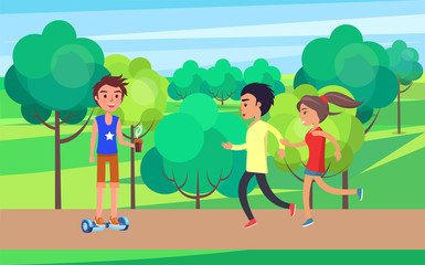 Student teenagers jogging and going for sport in park with trees. Male on hoverboard with coffee cup in hand. Boy with hot beverage and people vector