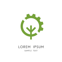 Tree and gear wheel logo - plant and pinion symbol. Green power and alternative energy source, industry and nature, environment and ecology vector icon.