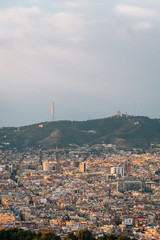 City and mountains cityscape view from Montjuïc Castle, in Barcelona, Spain