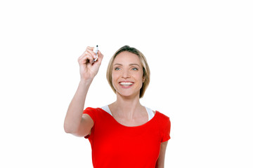 Fototapeta premium Gorgeous young woman writing on blank space