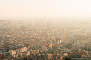 Sunset cityscape skyline view from Bunkers Del Carmel, in Barcelona, Spain