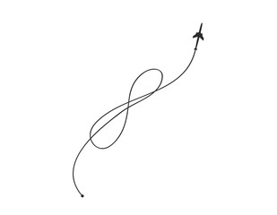 Plane and its track as a sign of infinity on white background. Vector illustration. Aircraft flight path and its route