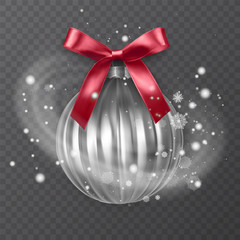 White, realistic Christmas ball, decorated with a red bow. Snow frost effect on transparent background. Vector illustration
