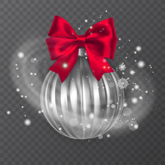 White, realistic Christmas ball, decorated with a red bow. Snow frost effect on transparent background. Vector illustration