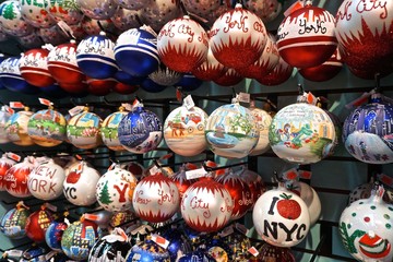New York, NY, USA: Christmas ornaments on display in a store.