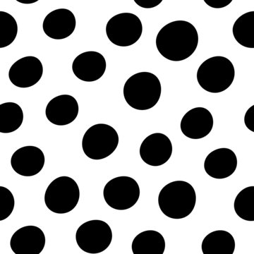 Vector round monochrome seamless pattern with hand drawn various black circles in chaos isolated on white background. Endless black and white texture with stains. Abstract geometric print