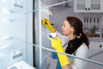 Woman Cleaning Refrigerator With Sponge